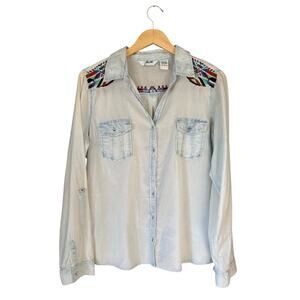 Jillian Blu Lightweight Denim Aztec Southwest Embroidered Button Down Shirt